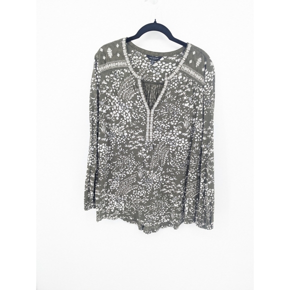 Lucky Brand Shirt Women 2X Green Floral Embroidered Boho Peasant Top Long Sleeve - Picture 4 of 11